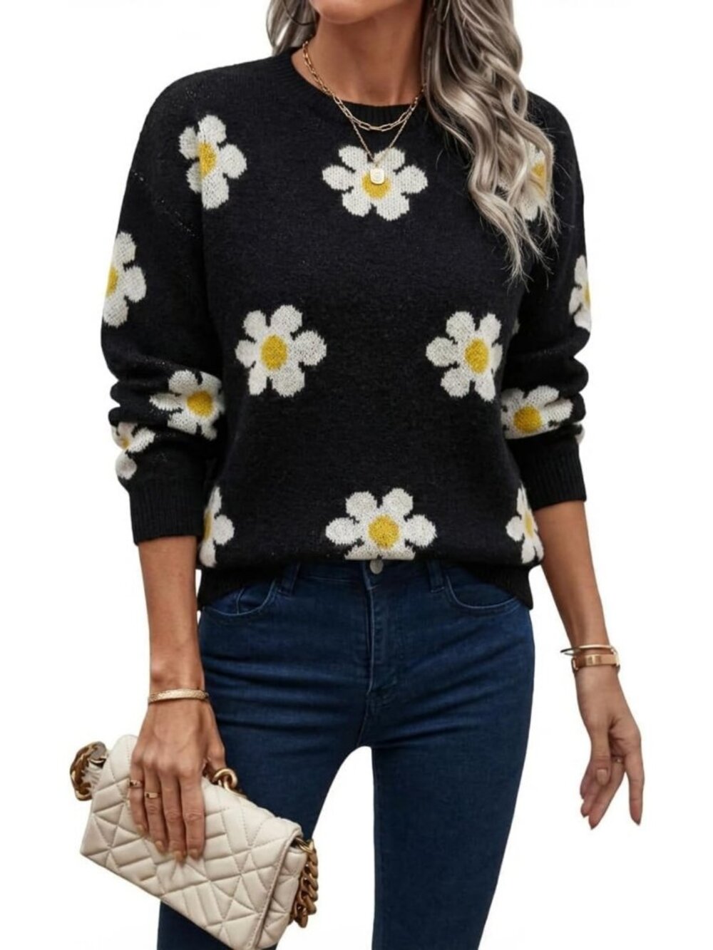 Cozy Floral Knit Sweater for Women | Long Sleeve Pullover | Fall & Winter